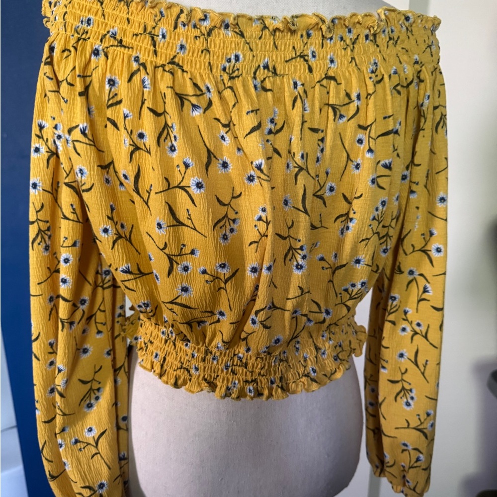 Divided Yellow Smocked Off-Shoulder Blouse